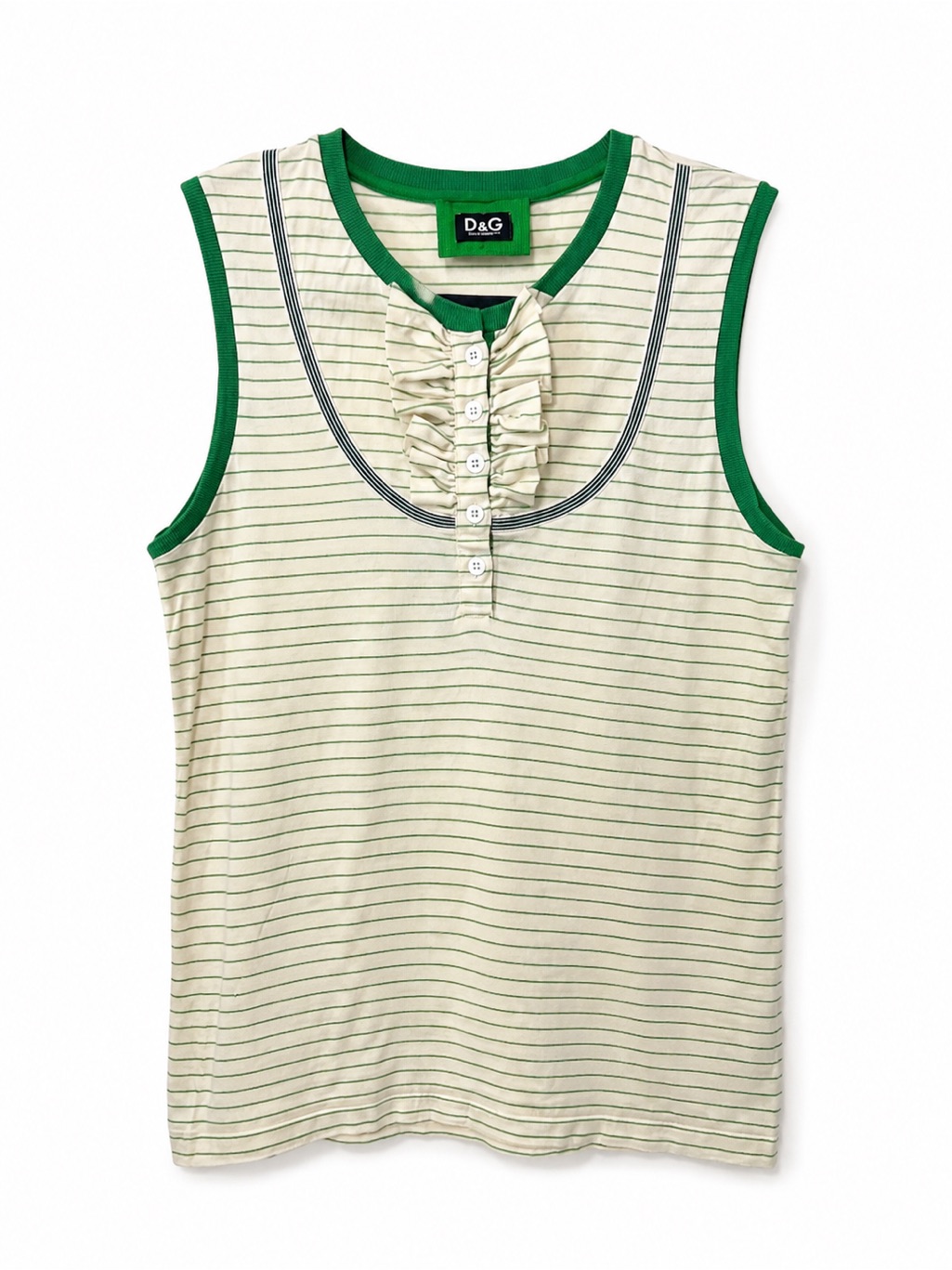 D&G Dolce & Gabbana Green & Cream Pinstripe Ruffle Tank Top Sz Small